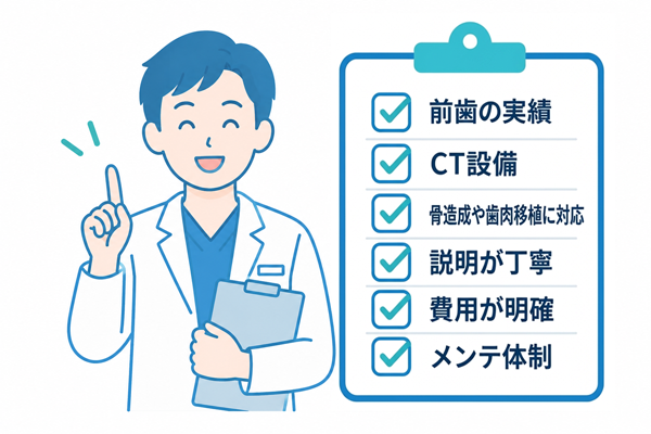 前歯の実績・CT設備・丁寧な説明・費用の明確さ・メンテナンス体制など、歯科医院選びのチェックポイントを示すイラスト