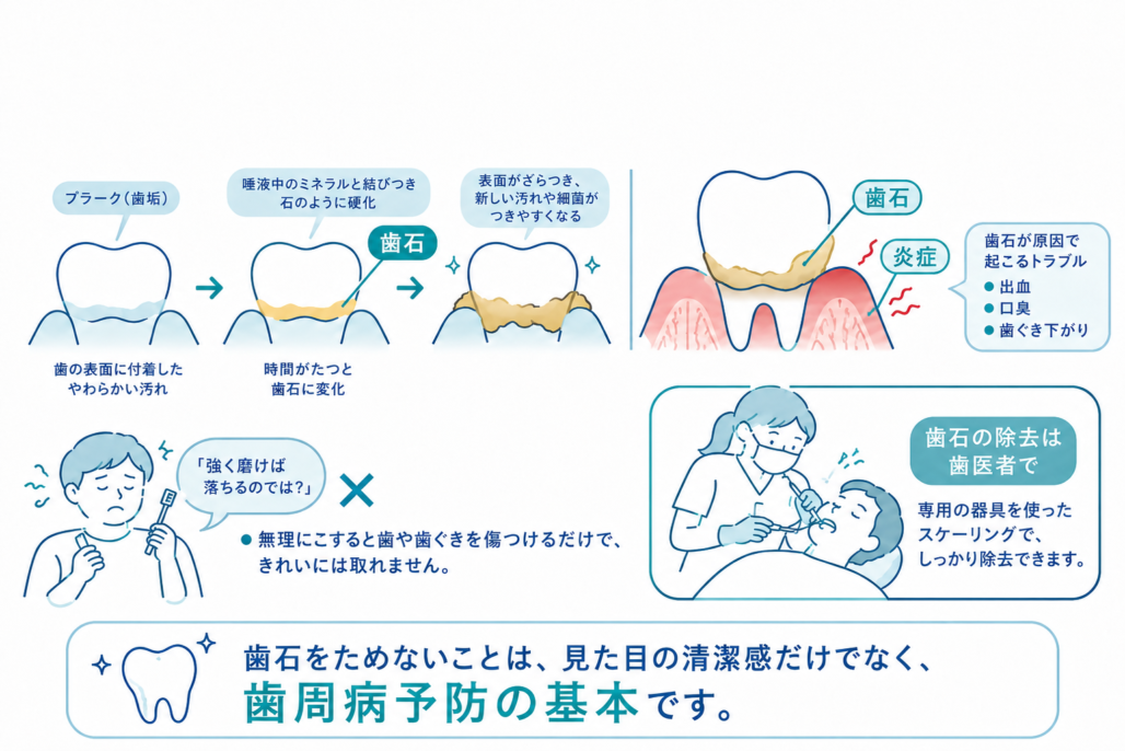プラークが歯石に変化する過程と、歯石が原因で起こる出血・口臭・歯ぐき下がりなどのトラブル、歯科でのスケーリングの必要性を示す図